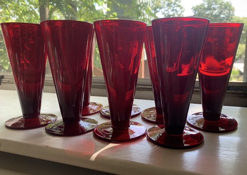 Set Of (8) Antique 1920s Art Deco Hand blown Cranberry Beer Glasses, Marked