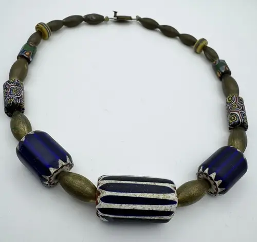 Scarce Antique Los Castillo African millefiori Glass & Brass Necklace, AS IS