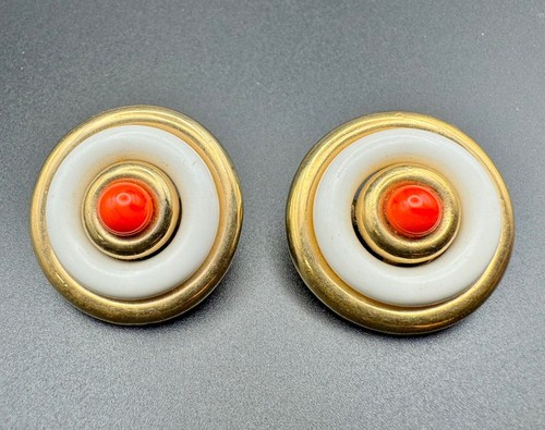 Vintage Marcel Boucher Gold Tone White and Coral Colored Glass Clip-on Earrings