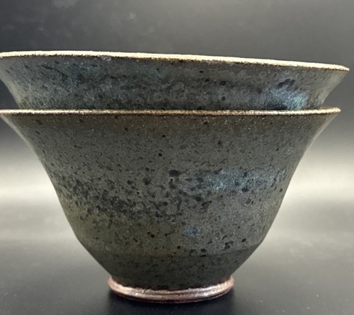 Set of 2 Signed Studio Art Pottery Asian Stoneware Bowls Gray Speckled Glaze