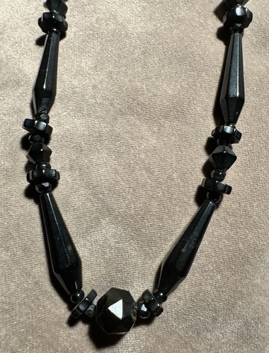 Victorian Carved Black Whitby Jet Mourning Beads Necklace, 33” Long