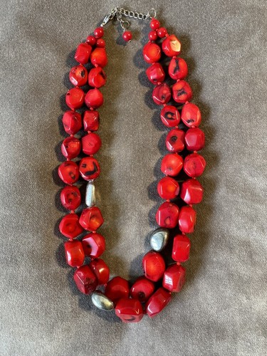 Vintage Natural Red Bamboo Coral & Sterling Silver Double Strand Necklace, 222gm