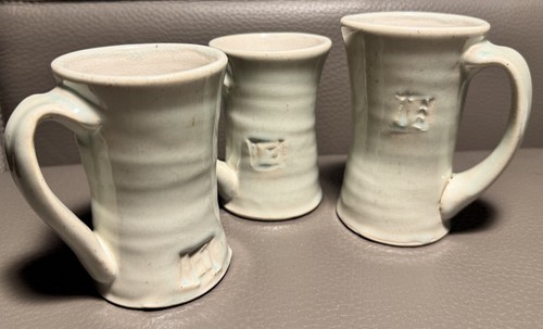 Set of 3 Hand thrown Art Pottery Mugs w/ Celadon Glaze, Marked