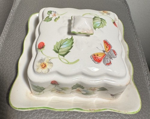 Vintage Ironstone Old Foley James Kent Strawberry&Butterflies Butter Dish